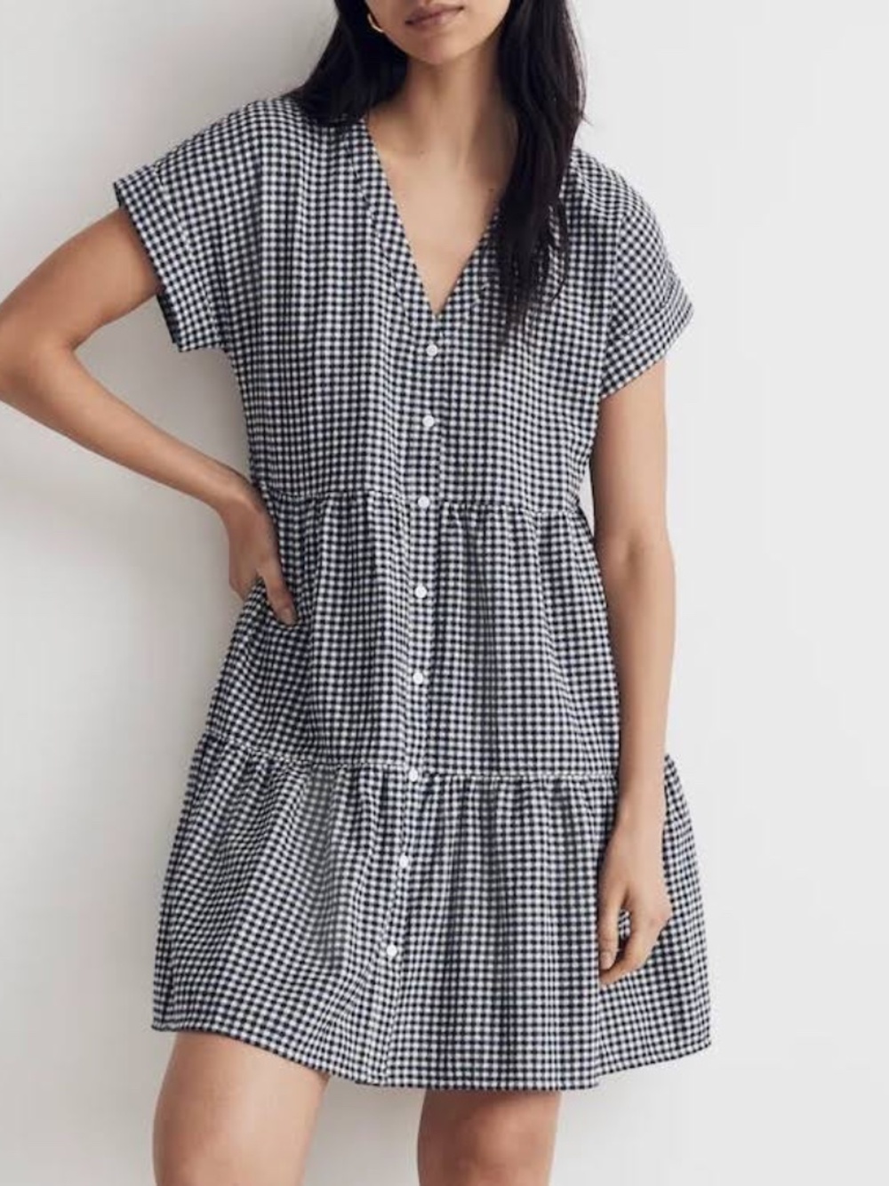 Madewell Cuff-Sleeve Button-Front Tiered Mini Dress in Gingham Check